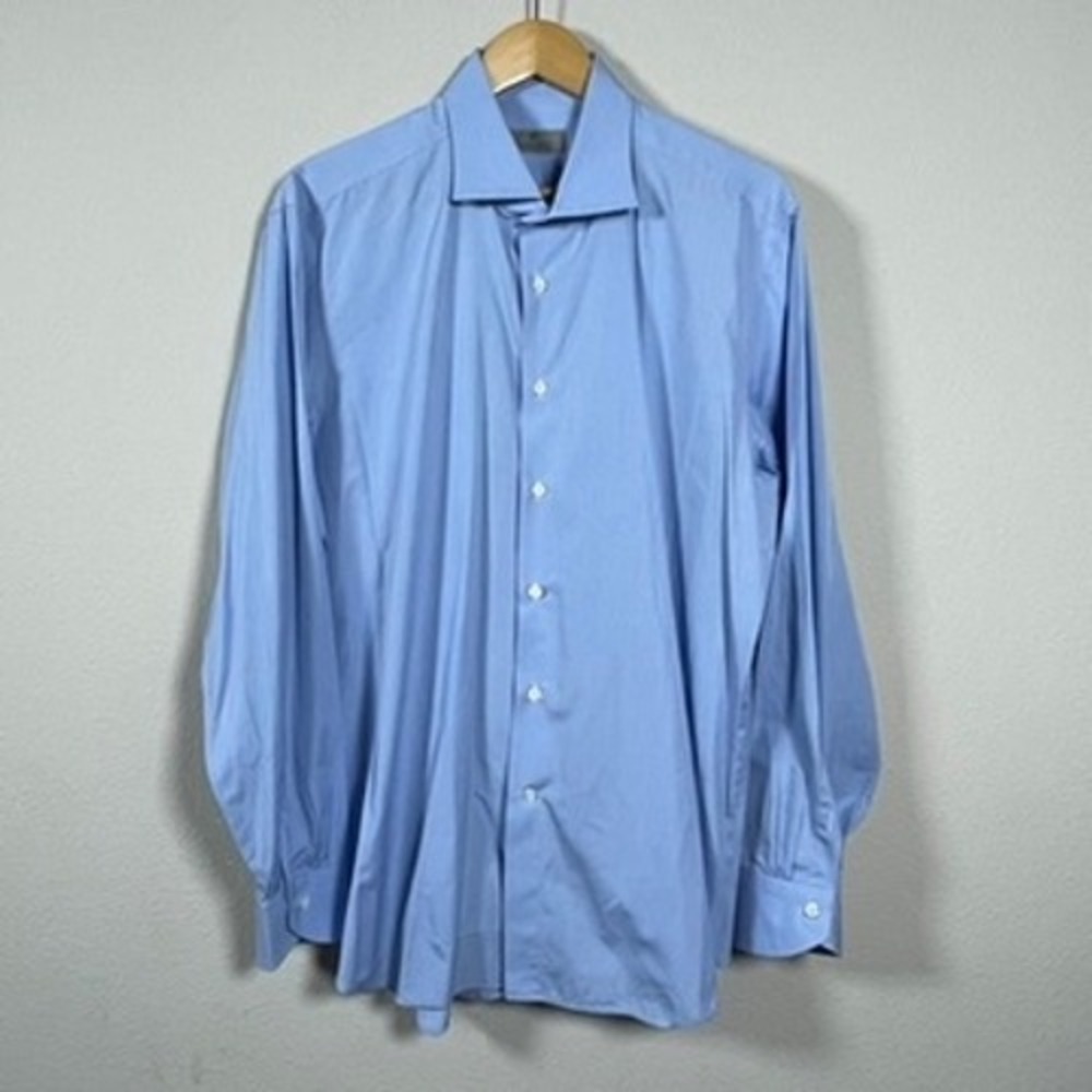 Canali Dress Shirt Mens Blue Micro Check Long Sleeve Spread Collar Made in Italy